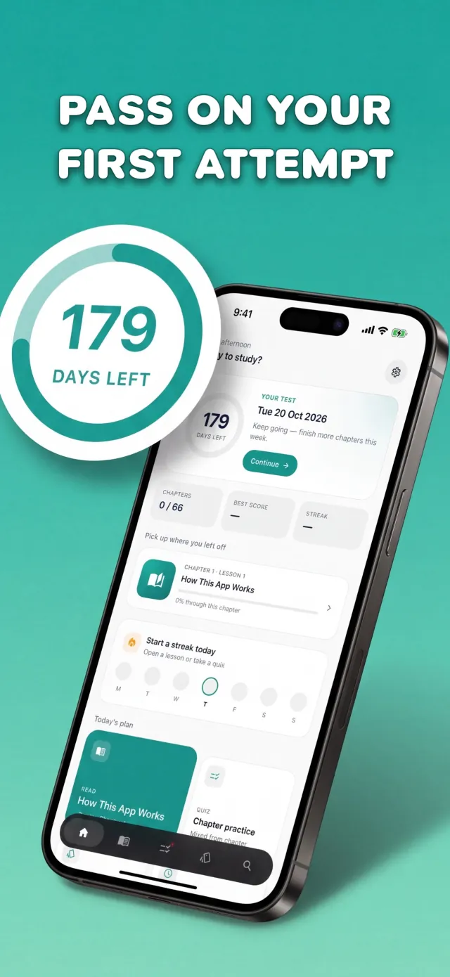 Life in the UK Test app home screen showing a countdown of days to the booked test date and a daily study streak