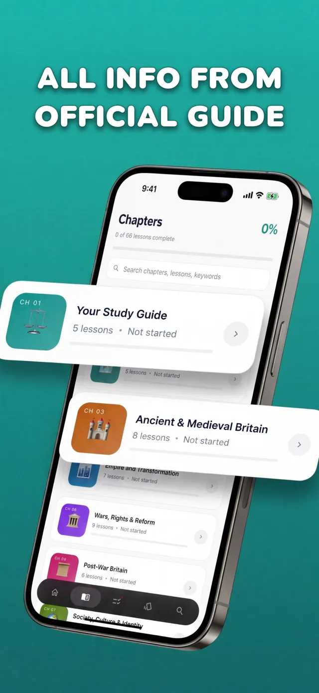 Life in the UK Test app chapter list showing 10 chapters and 66 lessons that follow the official handbook
