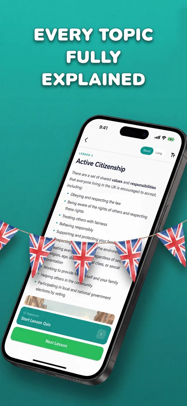 Life in the UK Test app lesson on Active Citizenship with a short and long mode toggle and a start lesson quiz button