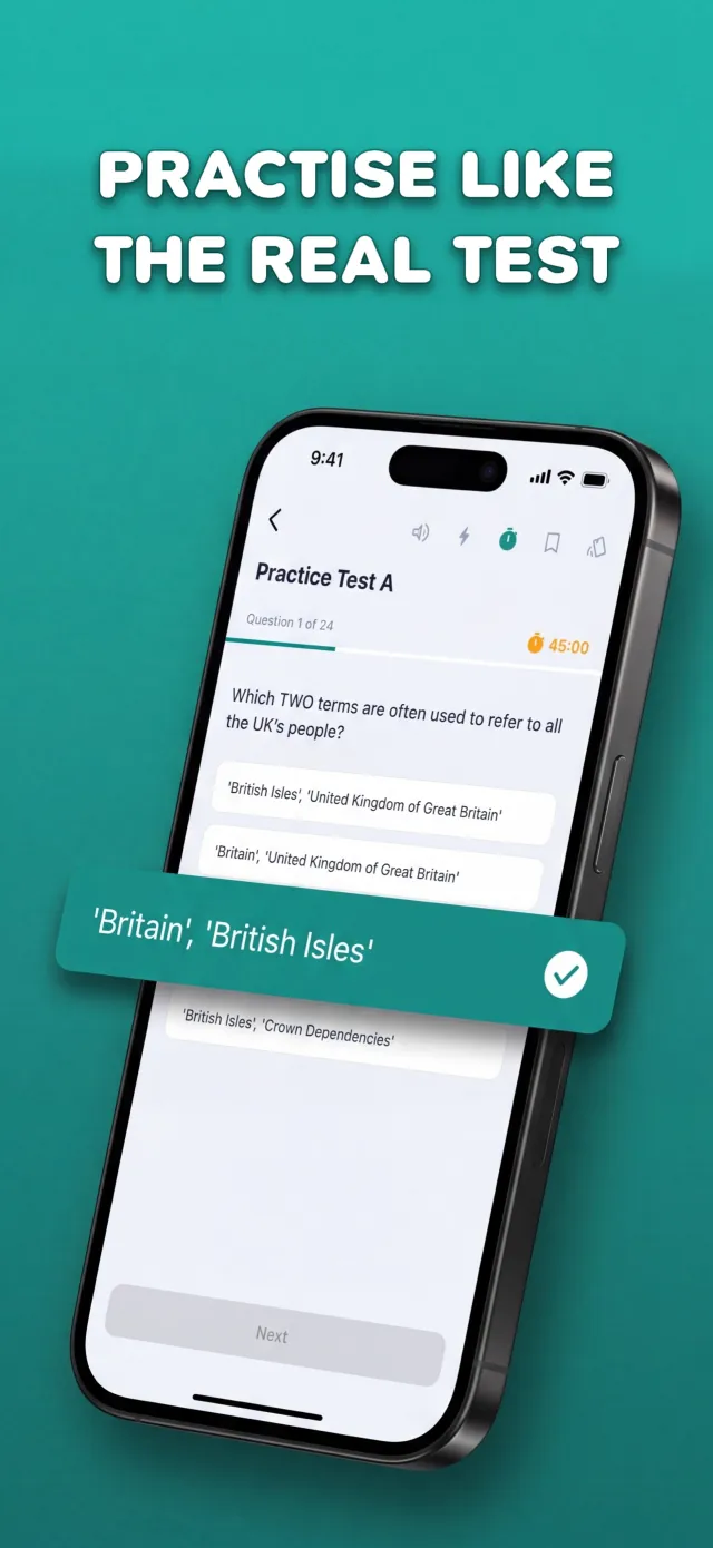 Life in the UK Test mock exam screen showing question 1 of 24 with a 45-minute countdown timer and a two-answer question