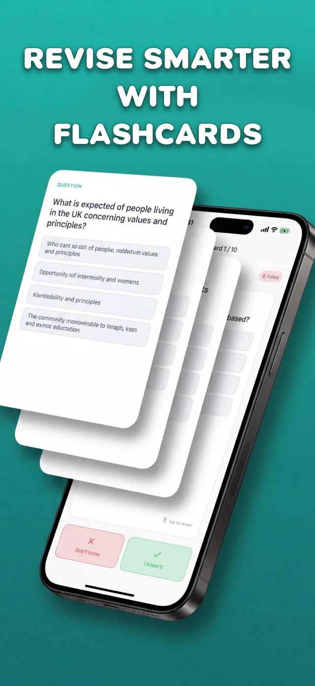 Life in the UK Test app flashcards with I know it and Don't know buttons for revising wrong answers