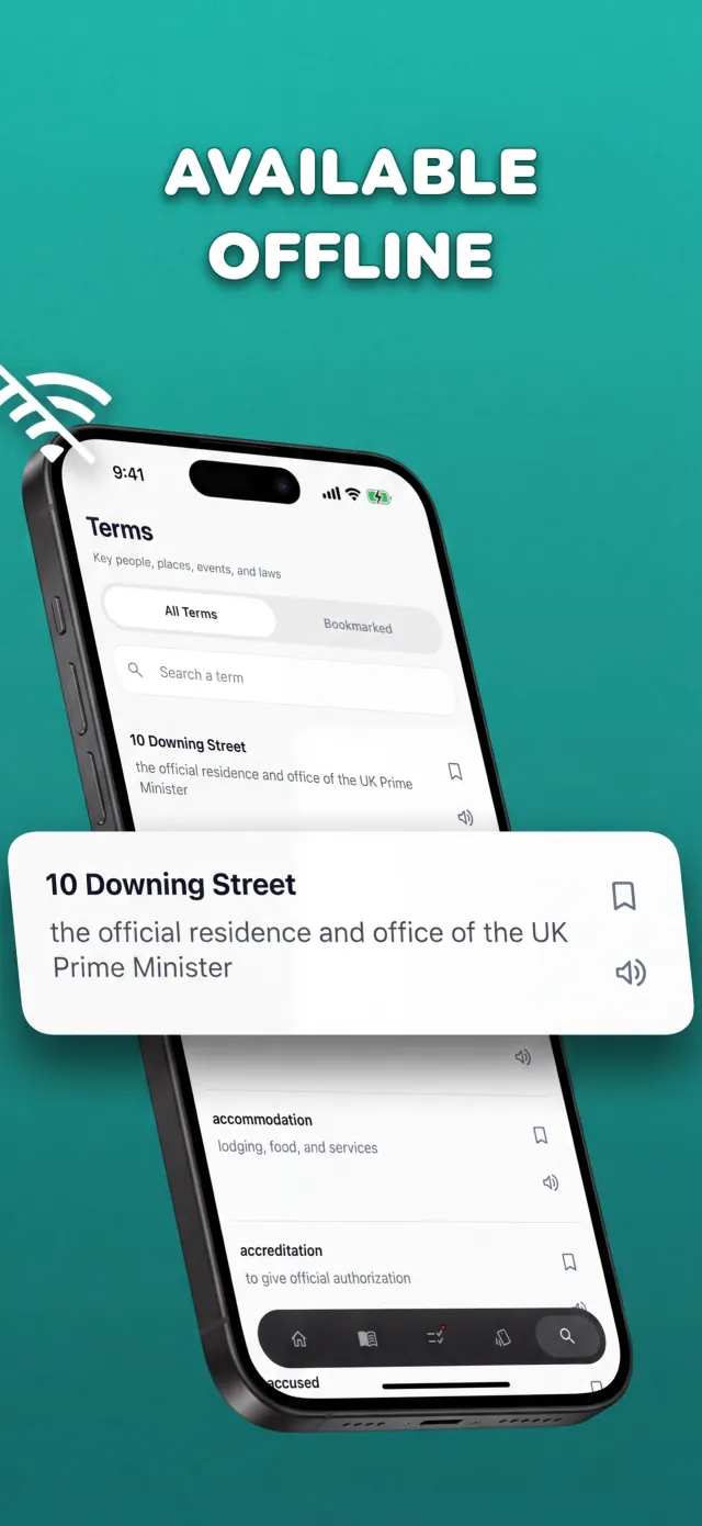 Life in the UK Test app terms glossary with search, bookmarks and audio pronunciation, shown working offline